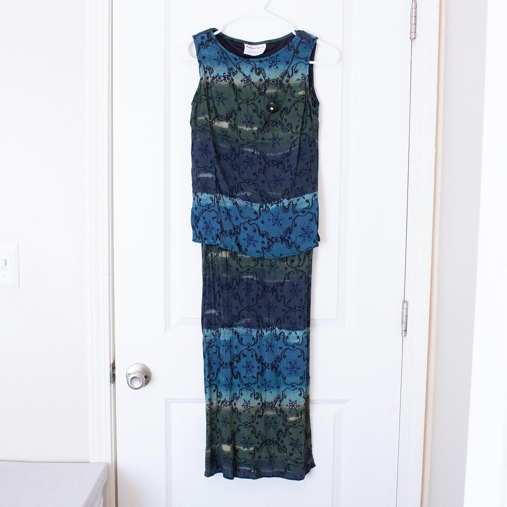 Fairycore VTG Dress Blue Green Gradient Crinkle Boho Y2K Midi S | Soft Summer
